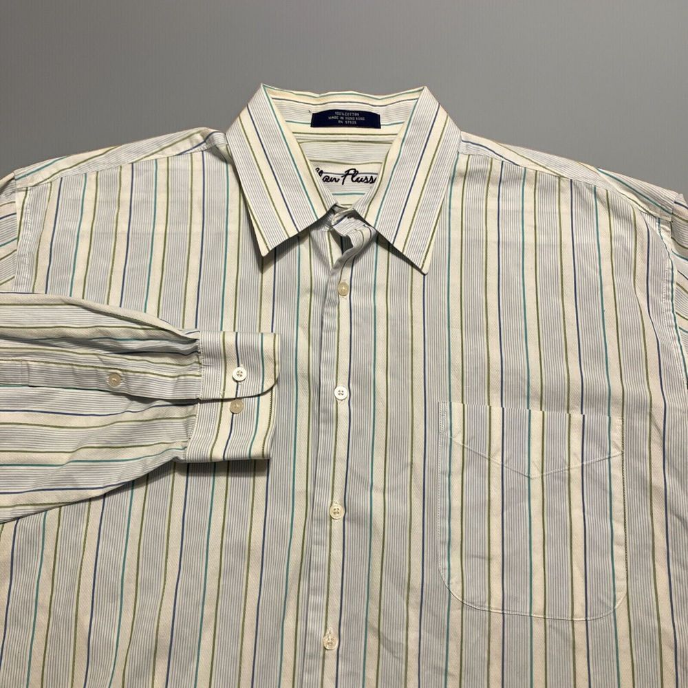 Alan Flusser Mens XL‎ Button Down Shirt Blue Green Striped Long Sleeve Cotton